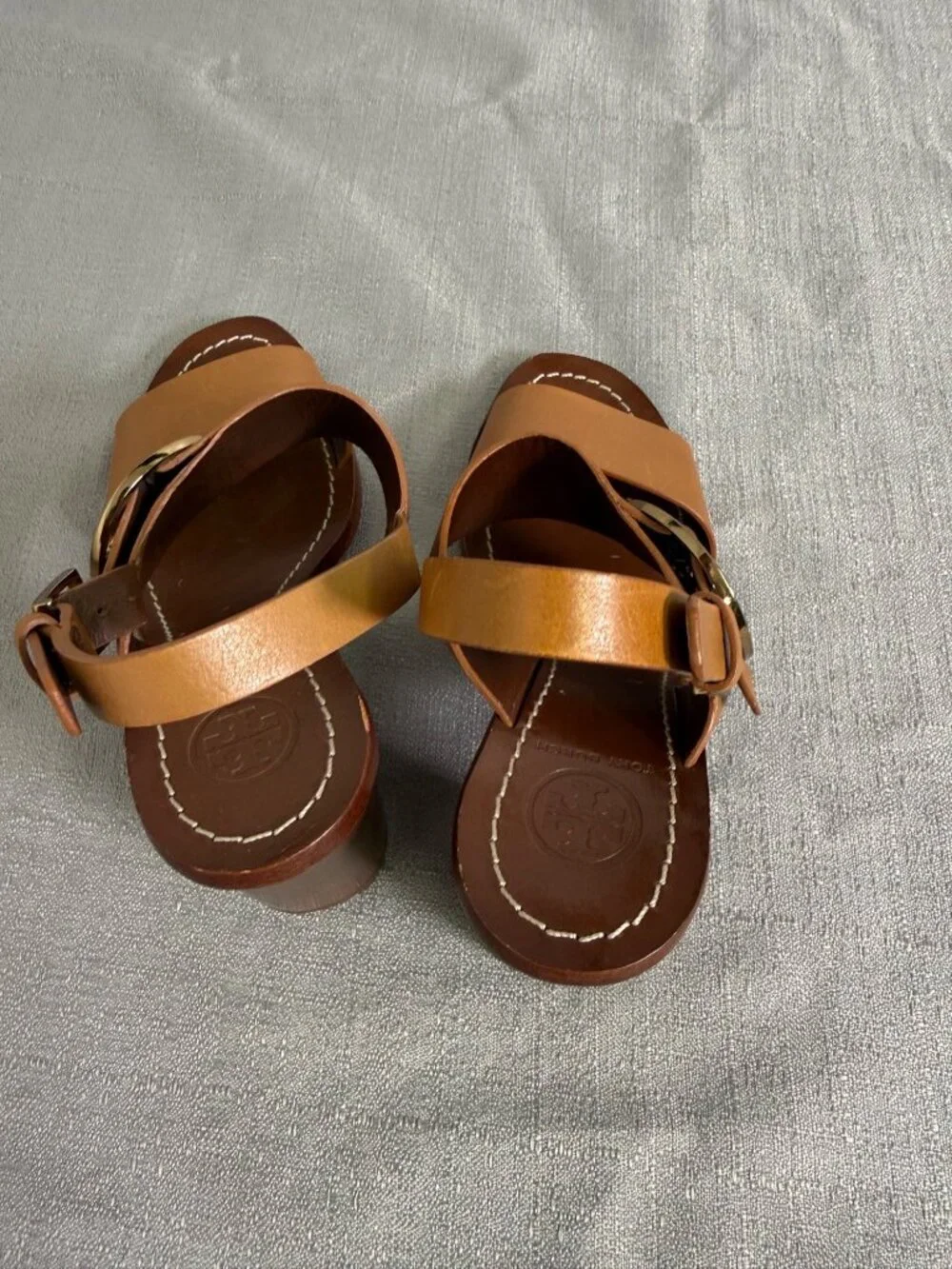 Tory Burch Thames Brown Leather Block Heel Sandals Logo Buckle 6.5M 3''Heel